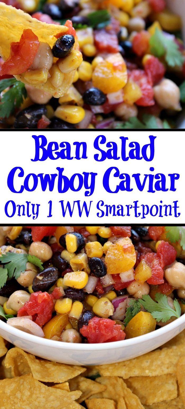 the bean salad cowboy caviar is served with tortilla chips and cilantro