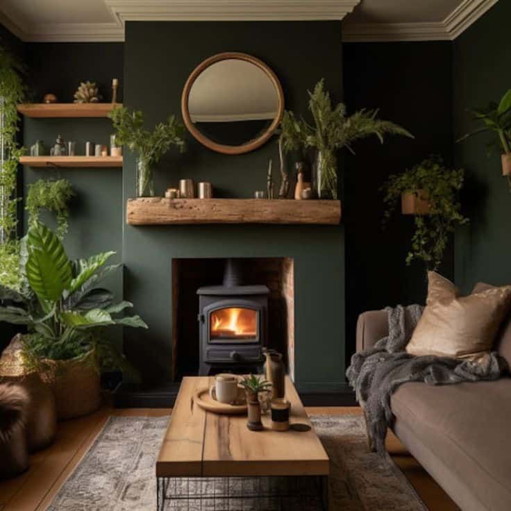 a living room filled with furniture and a fire place next to a wall mounted wood burning stove