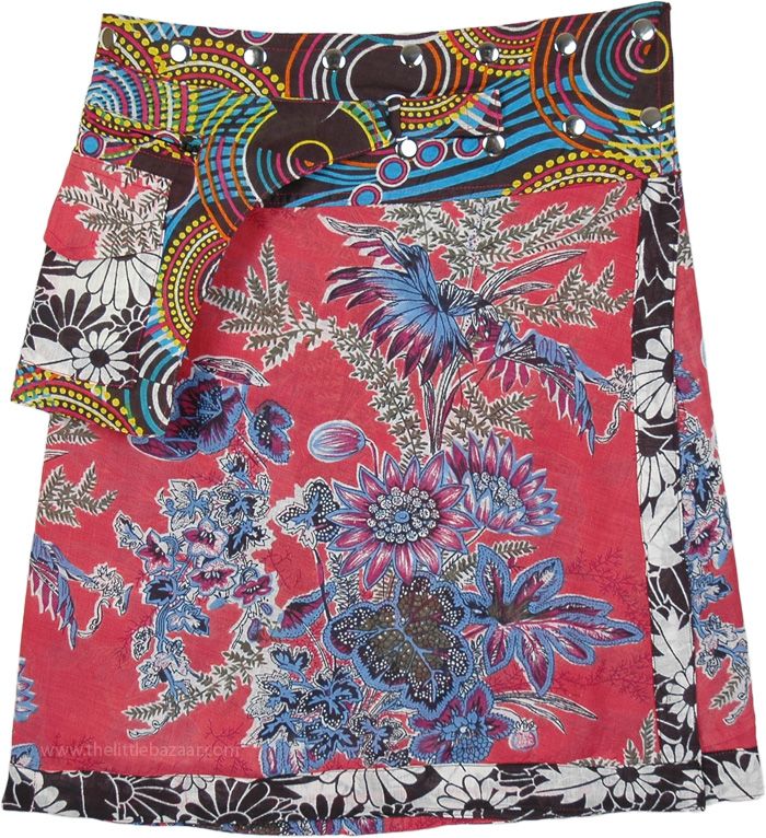 A fun bohemian summer wrap skirt with an A-line fit and patchwork. This is a wrap around skirt with adjustable snap buttons attached at the waist so that you can wear this skirt according to your waist size. #tlb #WrapAroundSkirt #JuniorPetite #Pocket #Floral #Printed #SnapWrapSkirt #Alinewrapskirtwithpocket Multicolor Bohemian Wrap Skirt For Vacation, Bohemian Multicolor Wrap Skirt For Vacation, Bohemian Multicolor Wrap Skirt For Beach, Summer Patchwork Wrap Skirt, Multicolor Floral Print Wrap Skirt For Summer, Bohemian Skirt With Vibrant Print For Vacation, Bohemian Beach Skirt With Vibrant Print, Bohemian Vibrant Print Skirt For Vacation, Multicolor Mini Wrap Skirt For Summer