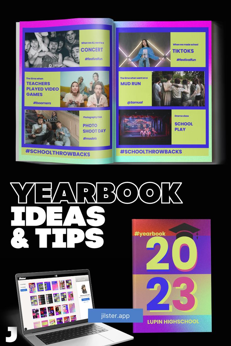 an open book with photos and text on it that says yearbook ideas and tips, next to a laptop