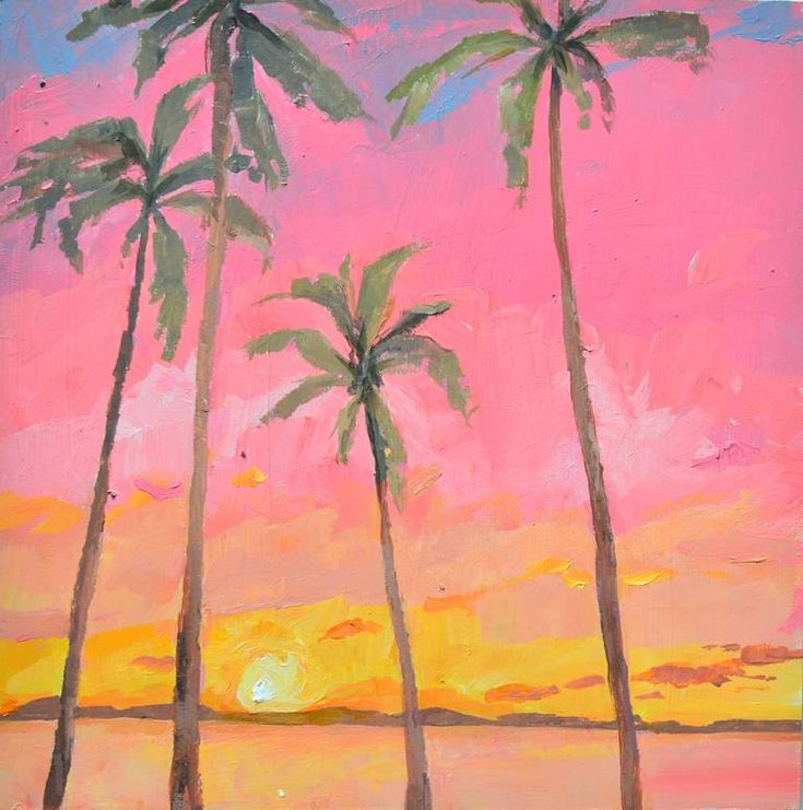 a painting of three palm trees in front of a pink sky with the sun setting