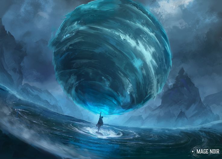 a man standing in the middle of an ocean with a giant wave coming out of it