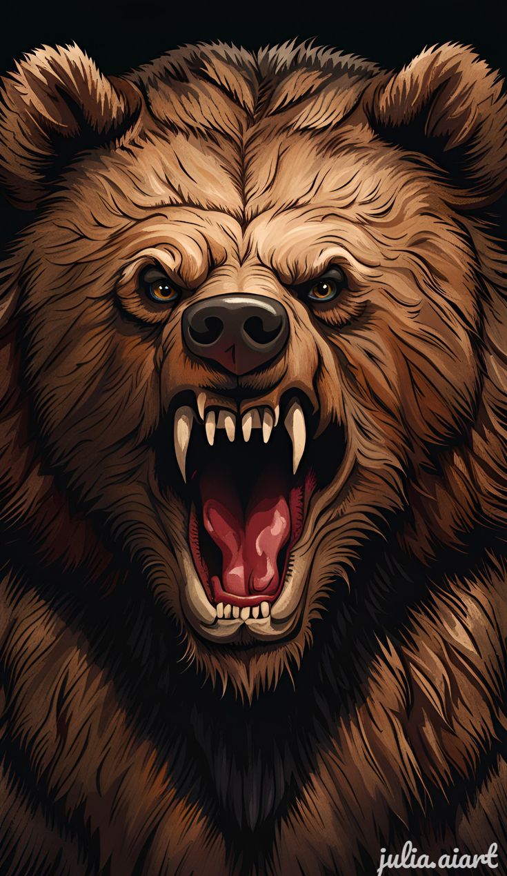 an angry bear with its mouth open and teeth wide open, on a black background