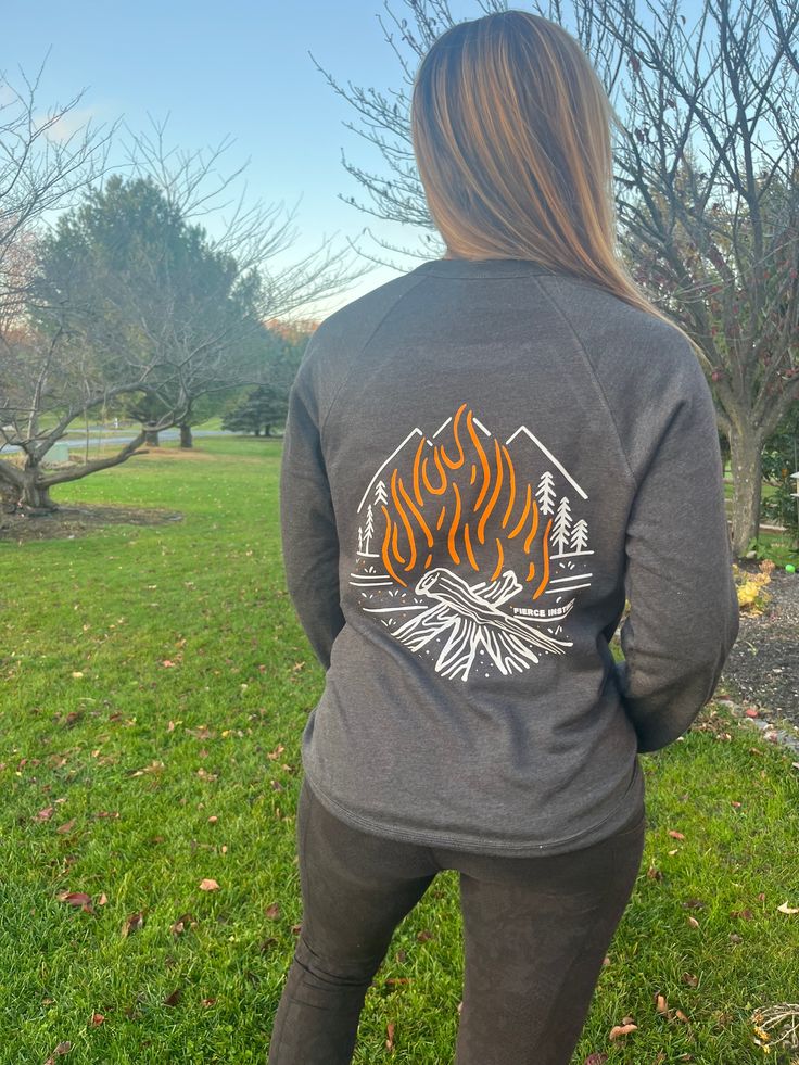 Bonfire sweatshirt. unisex sizes. Size up for oversized fit. Long Sleeve Sweatshirt For Fall Outdoor Activities, Relaxed Fit Fleece Top For Outdoor, Casual Outdoor Screen Print Sweatshirt, Casual Outdoor Sweatshirt With Screen Print, Cozy Fit Sweatshirt For Outdoor Fall Activities, Cotton Sweater For Fall Outdoor Activities, Fall Cotton Sweater For Outdoor Activities, Relaxed Fit Long Sleeve Sweater For Outdoor Activities, Relaxed Fit Long Sleeve Sweater For Outdoor