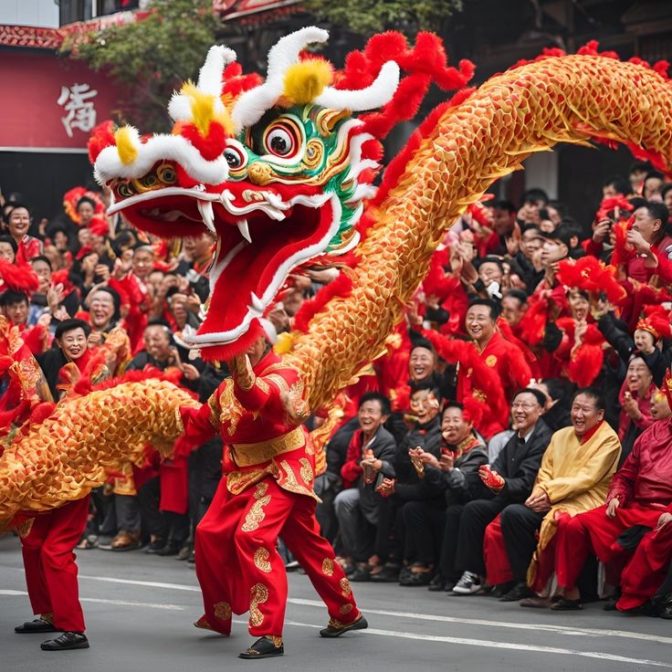 people in red and yellow outfits are dancing with a dragon on the street while others watch