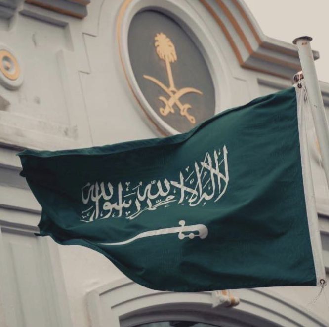 a flag flying in front of a building