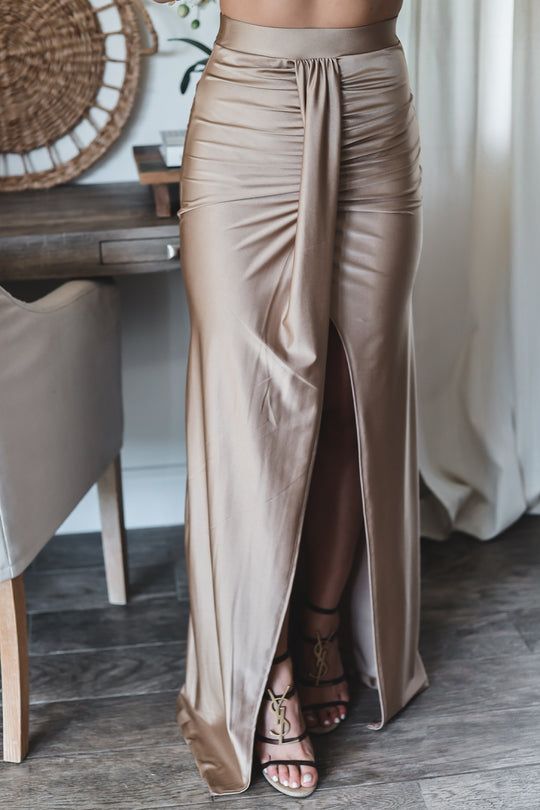 The Daphne Drape Skirt – OHM BOUTIQUE Feminine Satin Skirt For Night Out, Chic Satin Party Skirt, Chic Satin Skirt For Party, Elegant Skirt For Party Season, Elegant Bottoms For Prom And Party Season, Chic High Waist Satin Skirt, Elegant Pencil Skirt For Party Season, Chic High-waist Satin Skirt, Elegant Party Season Skirt