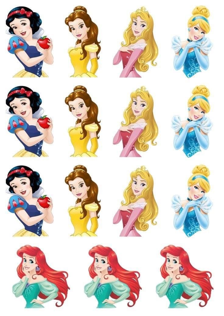 disney princesses with different hair styles and colors, all in various poses for each character