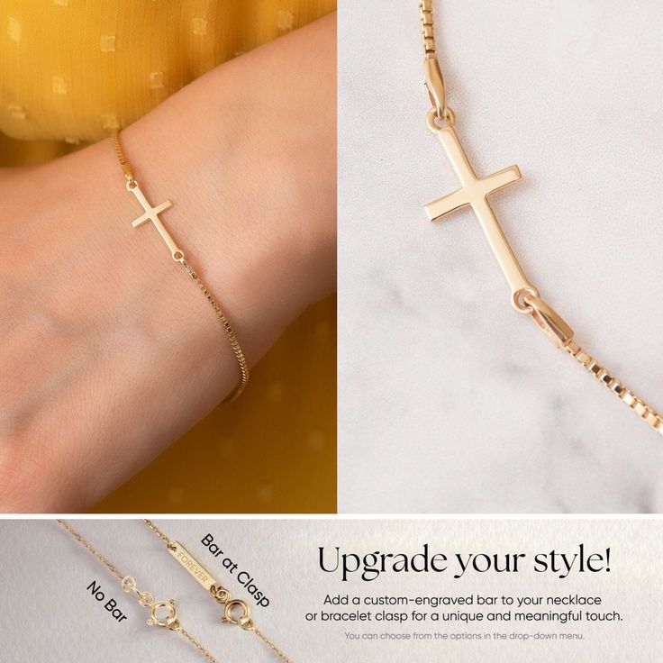 14K Solid Gold Sideways Cross Box Chain Bracelet, Gold Stylish Tiny Cross Bracelet, Yellow Rose or White Gold Dainty Cross Faith Bracelet. Makes a perfect gift for bridesmaids, mom, wife, girlfriend, fiance or anybody else that is special to you. Comes in a cute gift box ready for gifting. This beautiful sideways cross Bracelet was made popular by Jennifer Lopez, Kelly Ripa, Selena Gomez, and many other celebrities. Make it your own and add it to any outfit to add elegance and interest. The perfect versatile piece! Material: Solid Gold, real gold (no gold filled or gold plated) Karat: 14k (585), Cross Width: 0.34 inches (0.86 cm) Cross Height: 0.64 inches (1.63 cm) Box Chain Width : 0.046 inches (1.18 mm) Bracelet Length: Available Between 6.0 - 8.0 Inches      M o r e  *  F r o m  *  U s Bracelets With Extender As A Gift, Gold Spiritual Bracelets As Gifts, Elegant Rosary Bracelet With Cross For Gift, Elegant Cross Rosary Bracelet As Gift, Gold Spiritual Bracelets As A Gift For Her, Gold Bangle Bracelet With Adjustable Chain As Gift, Chain Bangle Bracelet With Extender As Gift, Mother's Day Jewelry Bracelet With Adjustable Chain, Adjustable Box Chain Gold Bracelet As Gift