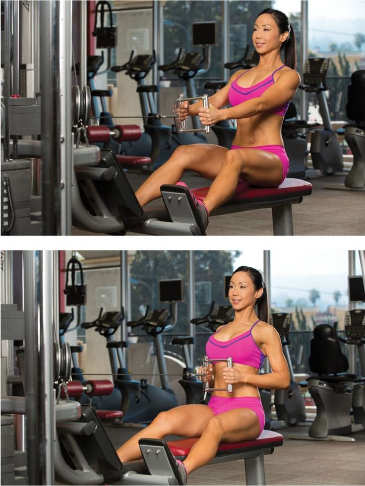 two pictures of a woman doing squats on a bench in front of a gym machine