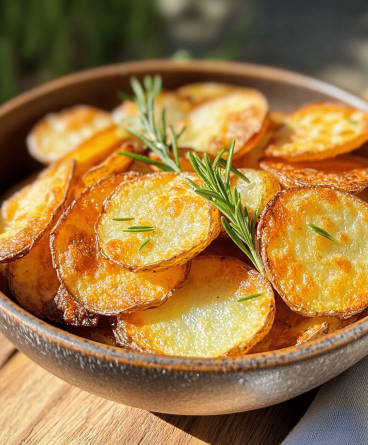 a bowl filled with sliced potato wedges on top of a wooden table