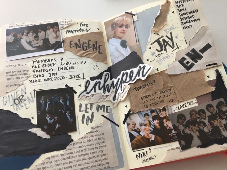 an open book with torn paper and pictures on it