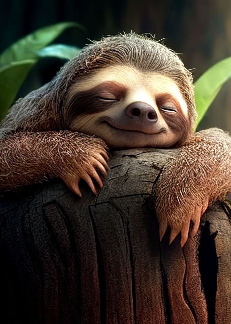 a sloth sleeping on top of a tree stump