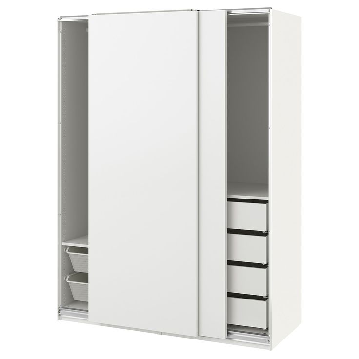 a white cabinet with two drawers and one door open