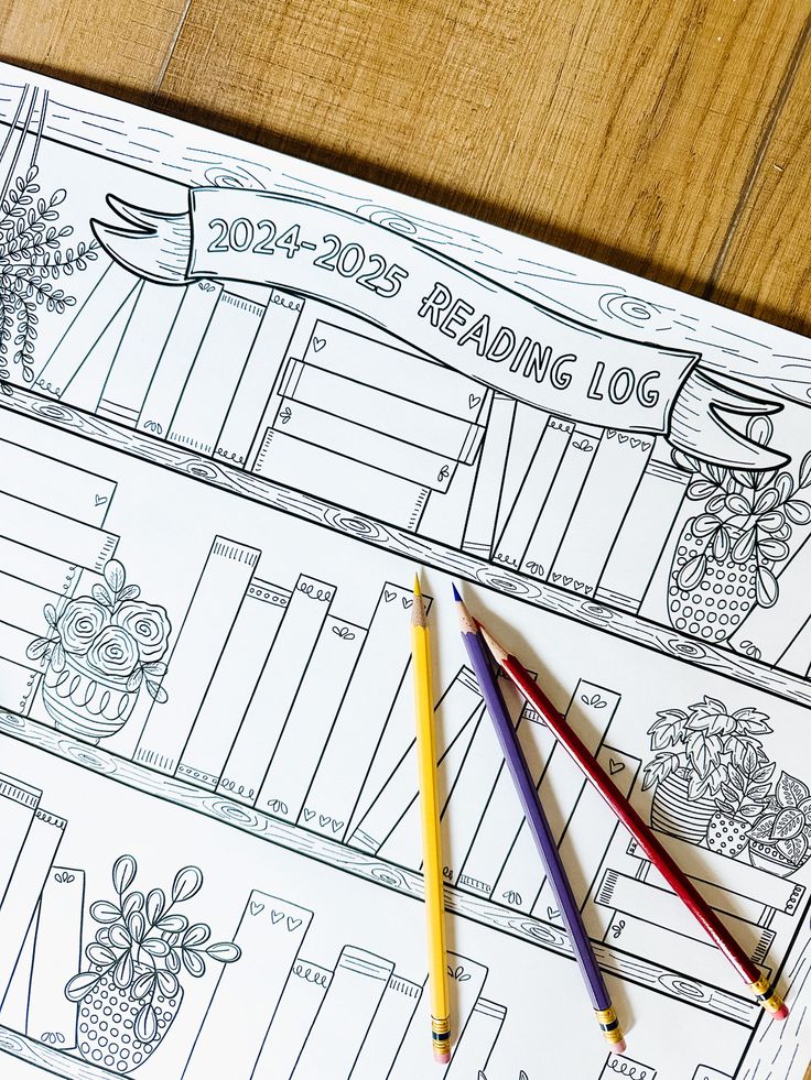 two coloring pages with pencils on top of them next to some flowers and potted plants