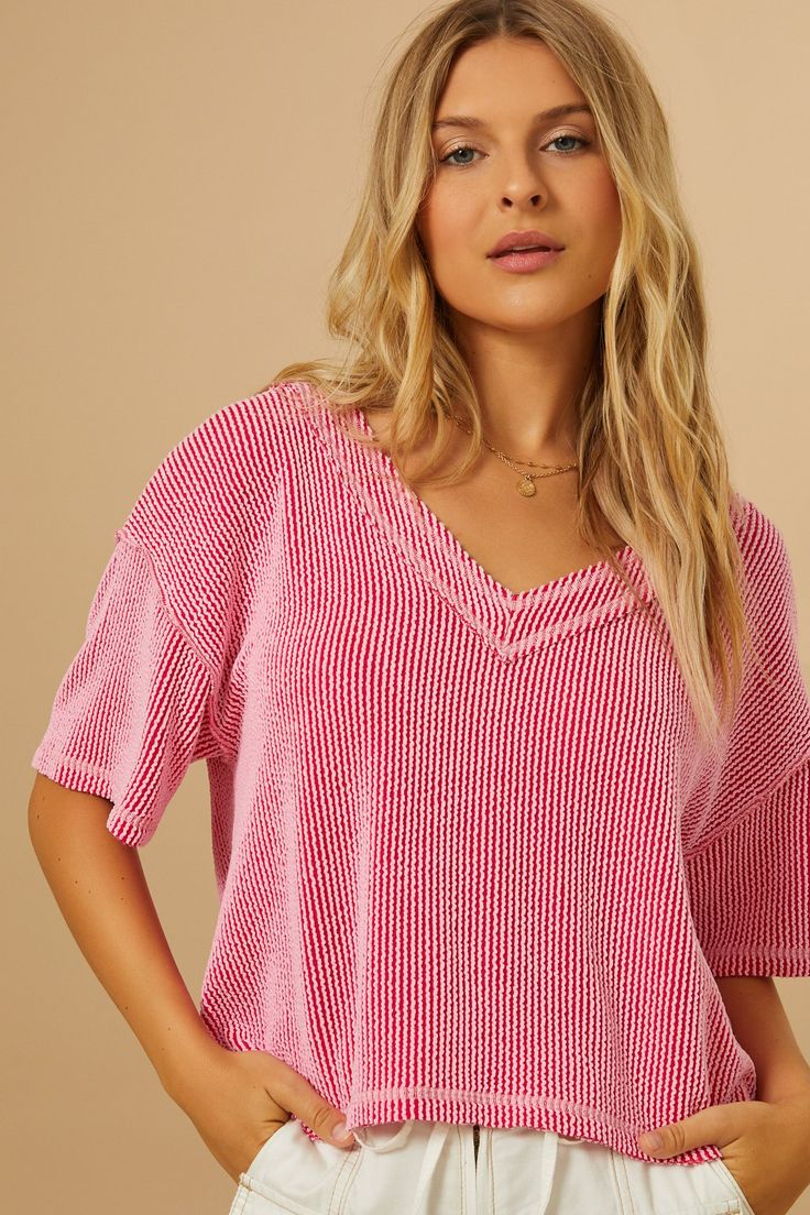 Ada Ribbed Boxy Tee in Candy Red | Altar'd State Trendy V-neck Top With Ribbed Neckline, Cotton V-neck Top With Ribbed Neckline, Ribbed Cotton V-neck T-shirt, Trendy Short Sleeve Knit Top For Loungewear, Chic Summer T-shirt With Ribbed Neckline, Relaxed Fit Ribbed Top, Chic Ribbed T-shirt For Summer, Cotton Ribbed V-neck T-shirt, Summer Tops With Ribbed Neckline For Day Out