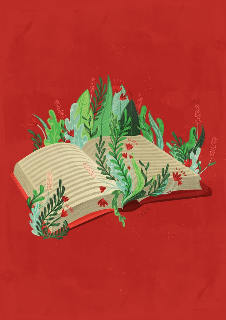 an open book with green leaves and red flowers on the pages against a red background