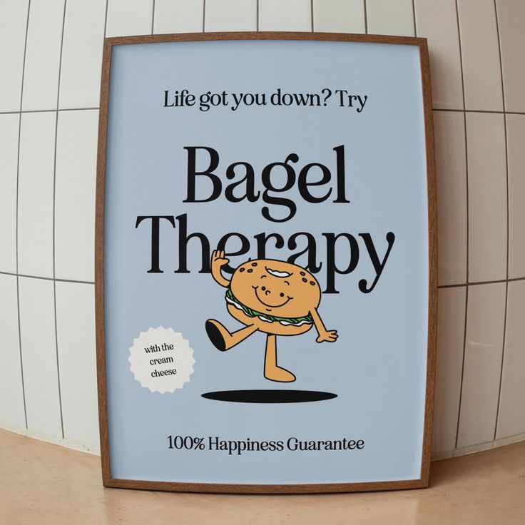 a sign that says bagel therapy on it