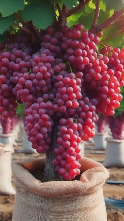 a bunch of grapes are growing in a bag