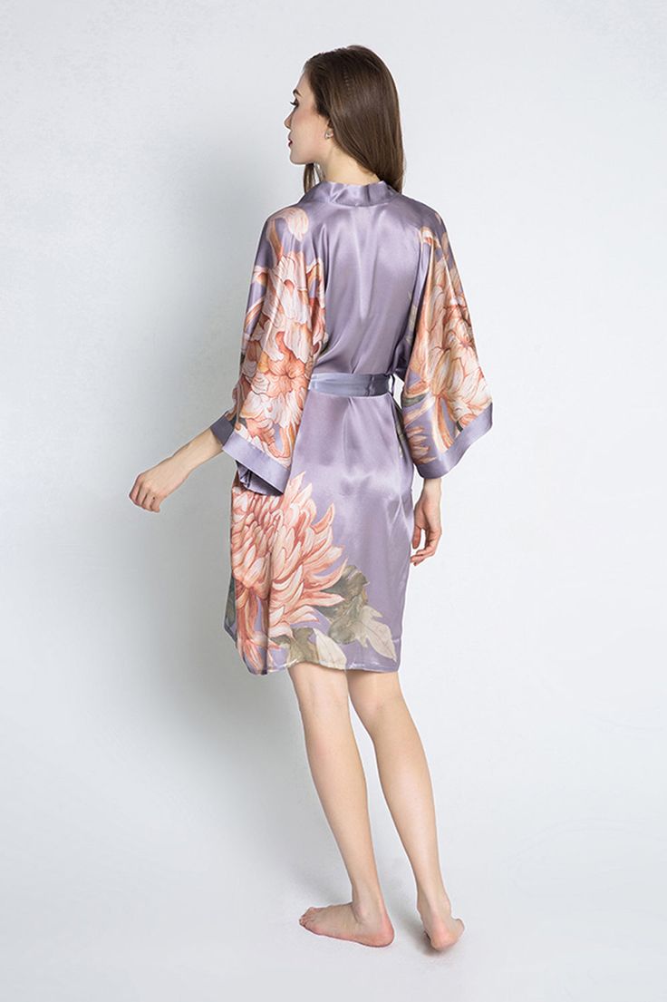 This short silk kimono robe is a luxurious, handcrafted piece of art you can wear. Removable waist tie closure Belt loops and inside ties to secure closure French seam finish Side slits at hem 100% Silk, Dry clean Designed in San Francisco, Imported KM04S Every day is a little more beautiful in this luxurious, breathably soft, one of a kind watercolor robe. Each piece features an original pattern — first sketched by hand, then saturated in rich watercolors using a traditional paintbrush — so jus Silk Wrap Robe With Tie Waist, Elegant Silk Belted Kimono, Elegant Belted Silk Kimono, Elegant Silk Kimono With Tie Waist, Silk Kimono With Tie Waist For Spring, Silk Spring Kimono With Tie Waist, Spring Silk Kimono With Belt, Spring Silk Kimono With Tie Waist, Spring Silk Belted Kimono