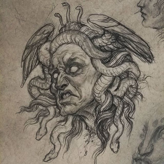 a drawing of a woman's head with two birds on her head and an eagle above her head