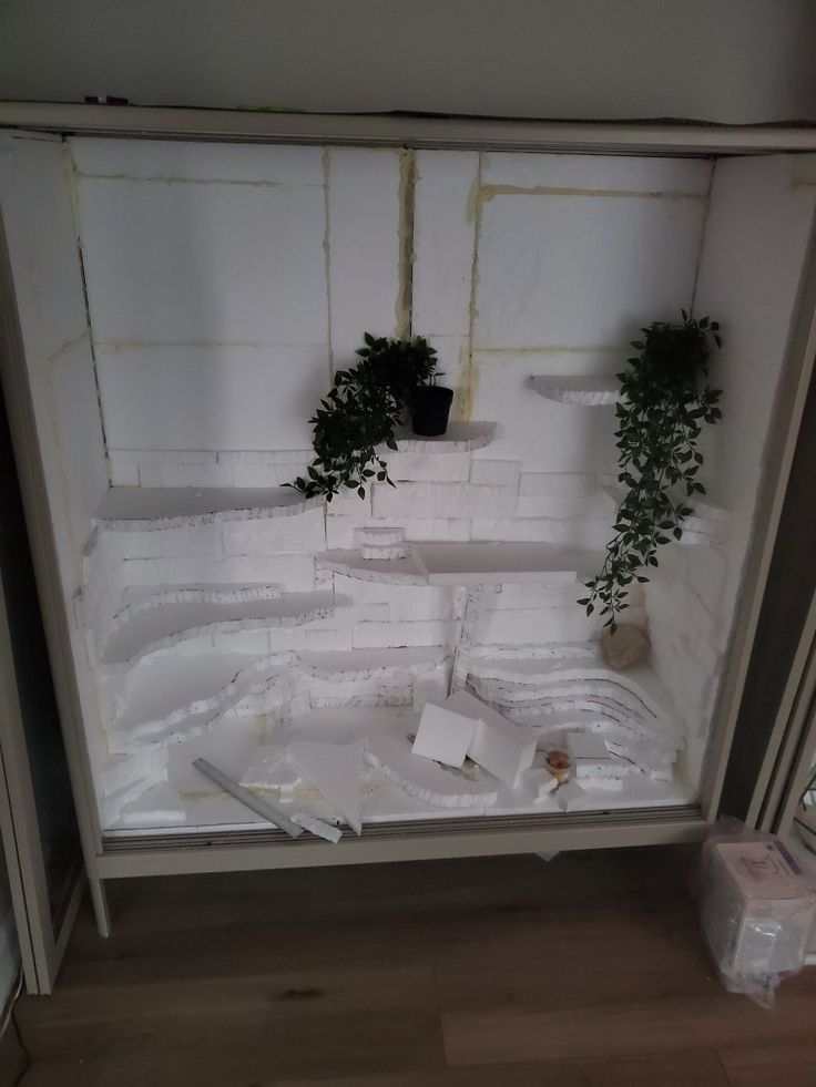 two potted plants sitting on top of a window sill in front of a white wall