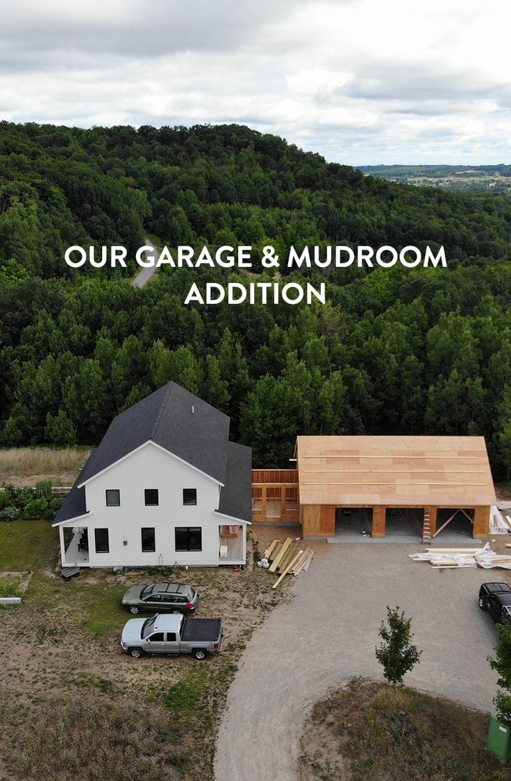 an aerial view of a house with the words our garage and mudroom addition above it