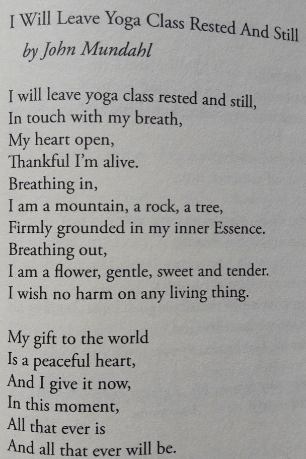 an open book with the words i will leave yoga class rested and still by john mundaahl