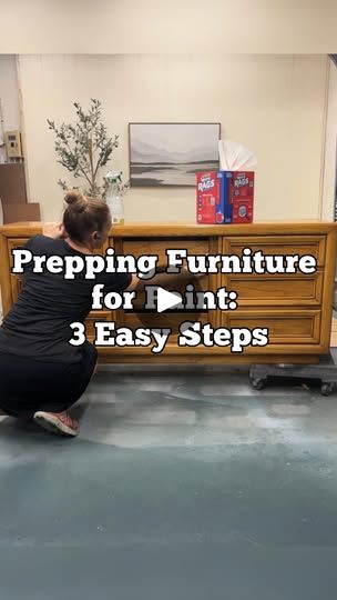 a woman kneeling down in front of a dresser with the words prepping furniture for lint 3 easy steps