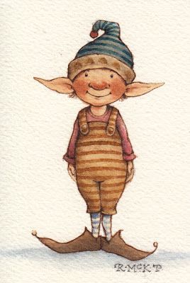 a watercolor painting of a little boy dressed in overalls and a striped hat