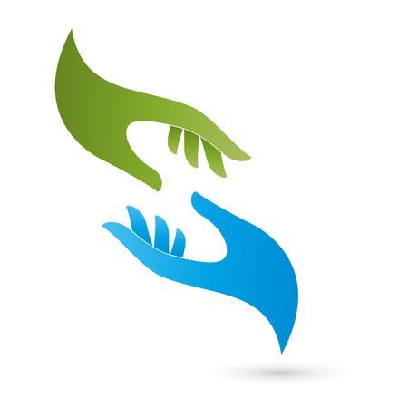 two hands reaching for each other with green and blue leaves in the middle, on white background