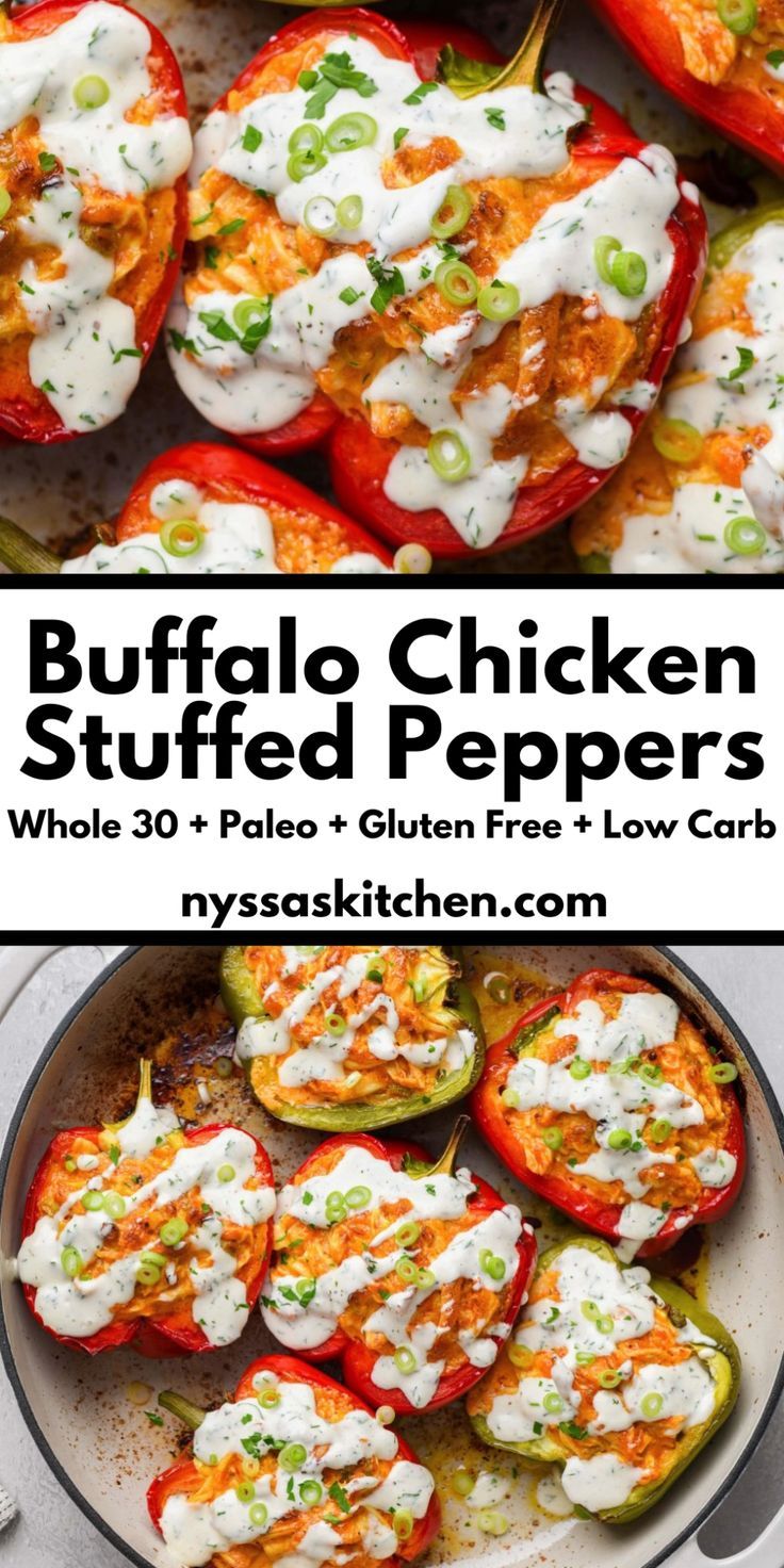 buffalo chicken stuffed peppers in a skillet with ranch dressing on top and the recipe below