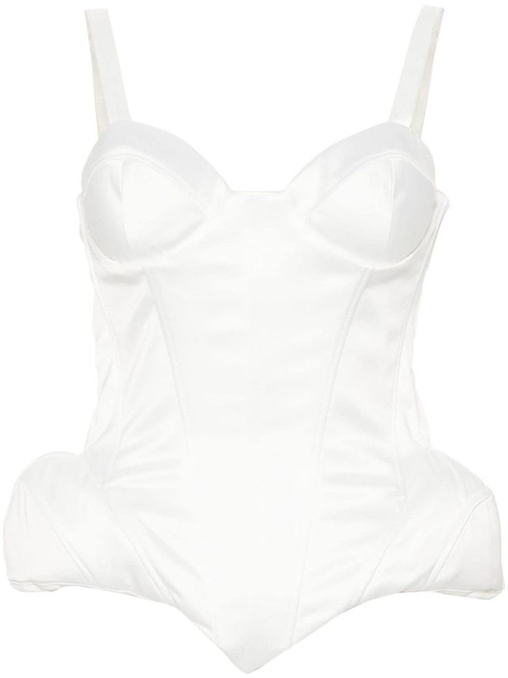 white satin finish bustier-style neckline boned bodice built-in cups bra rear hook and eye fastening sleeveless padded hips curved hem Boned Bodice, Hook And Eye, Exclusive Fashion, Ballet Flat Shoes, White Satin, Bra Cups, Lady Dior, Top Shoes, Satin Finish