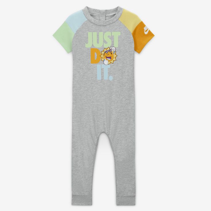 Put your little sunshine in this bright and cheery romper, made of cotton/poly jersey that feels soft and gentle on baby's sensitive skin. It has a tagless crewneck that creates a comfy feel and snappy tape closures on the back and inseam make changing, layering and dressing easy for the both of you. Nike Cotton Onesie For Loungewear, Playful Cotton Onesie For Sleep, Sporty Cotton Onesie For Loungewear, Playful Yellow Short Sleeve Onesie, Playful Multicolor Short Sleeve Onesie, Multicolor Short Sleeve Bodysuit For Playtime, Fun Cotton Onesie For Loungewear, Casual Cotton Onesie For Sleep, Playful Short Sleeve Onesie For Bedtime