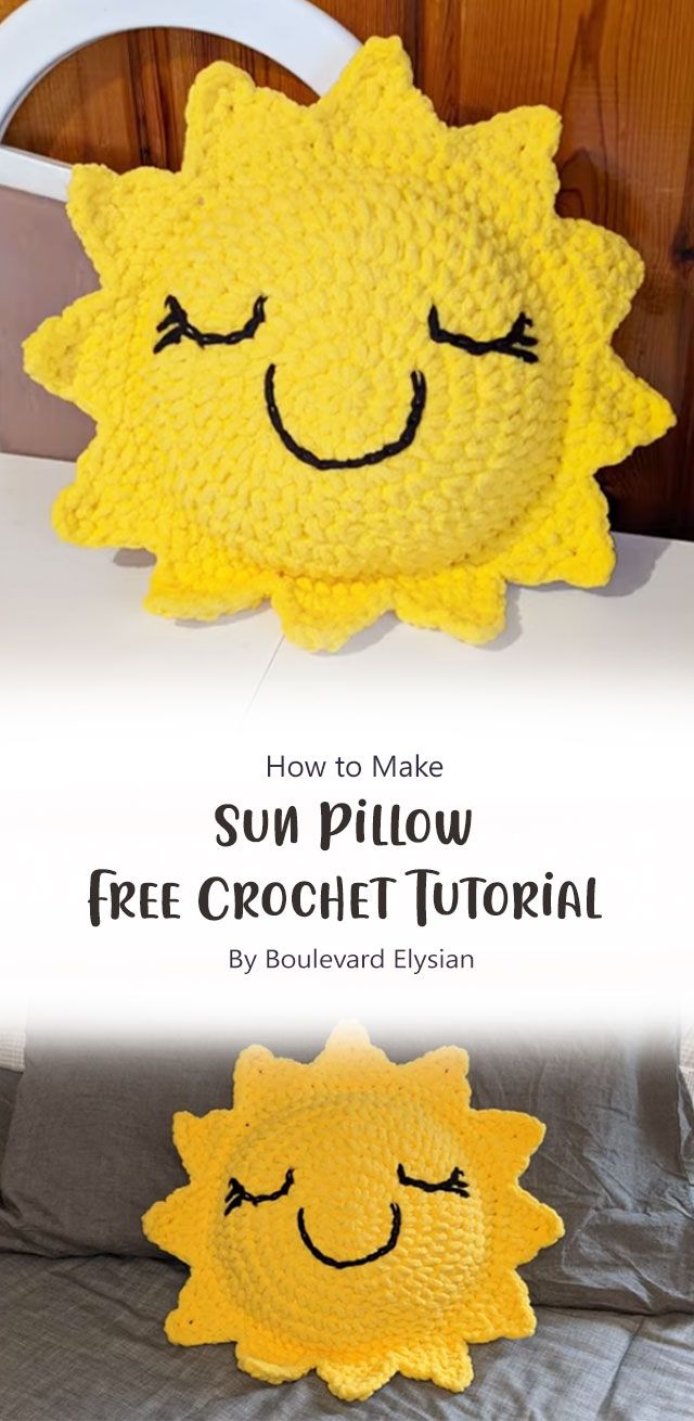 a crocheted sun pillow sitting on top of a bed next to a pillow