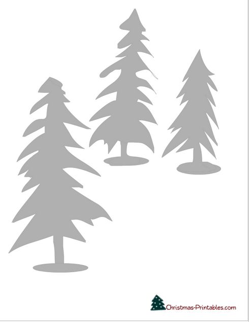 the silhouettes of three pine trees are shown in grey and white, with one tree on