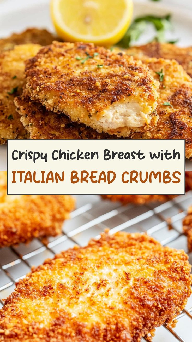 crispy chicken breast patties with italian bread crumbs on a white plate