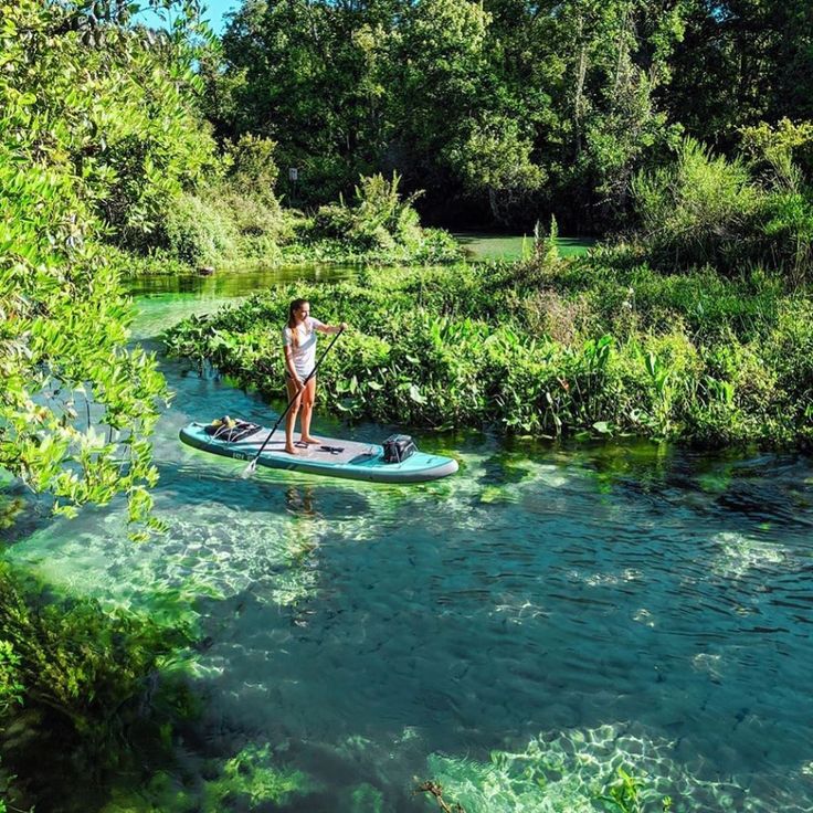 a person standing on a paddle board in the middle of a river surrounded by greenery