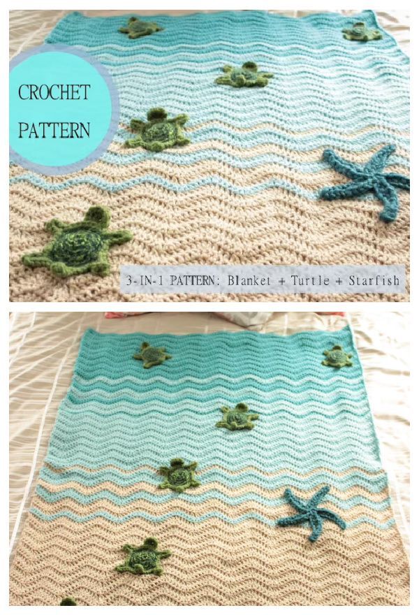 crochet turtle blanket with sea turtles and starfishs on it, in two different colors