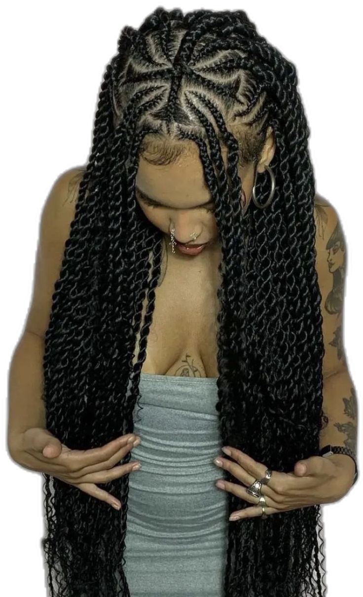 Braid Ideas For Black Women Cornrows, Goddess Braids With Design, Unique Braids Black Women, Passion Twist With Cornrows, Hairstyles With Brazilian Wool Braids, Braided Hairstyles For Round Faces Black Women, Brazilian Braids Hairstyles, Cornrows To Twists, Cornrow Passion Twist