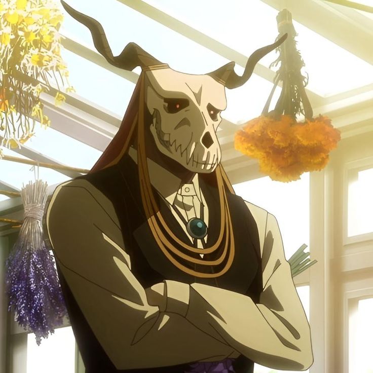 an anime character with horns on his head standing in front of a window and looking at the camera