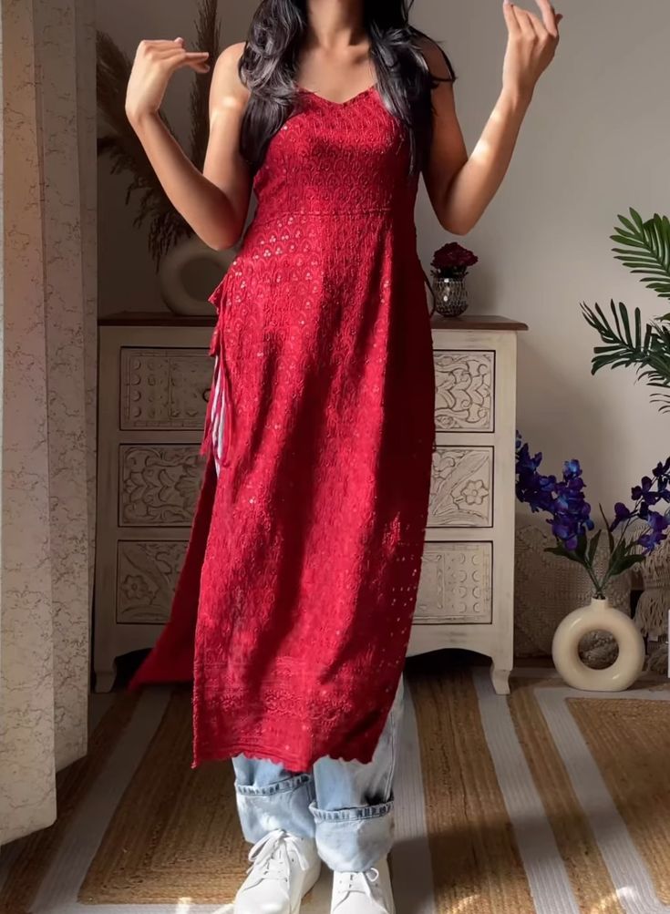 Kurti Over Jeans, Indowestern Outfits For College, Red Kurti Aesthetic, Sleeveless Kurti With Jeans, Red Kurti With Jeans, Kurti Designs Latest With Jeans, Red Kurti Design Style, Simple Kurta Designs Classy, Net Material Dress Design