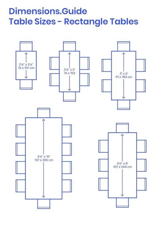 the table sizes and rectangle tables are shown in three different sections, with measurements for each