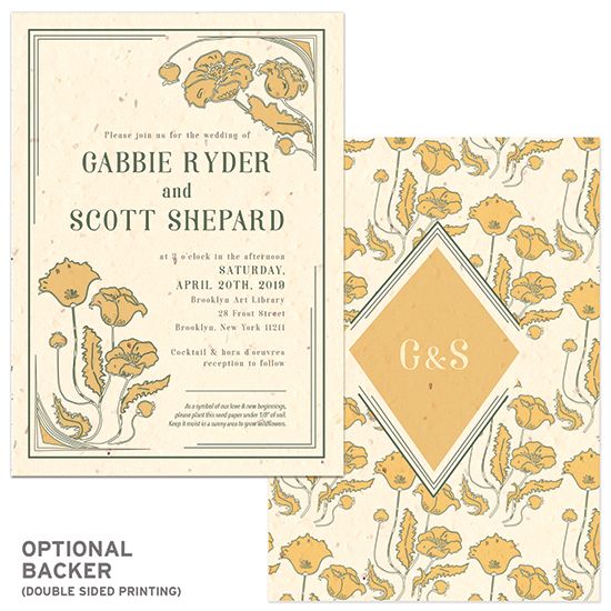 a wedding card with yellow flowers on the front and back, along with an ornate border