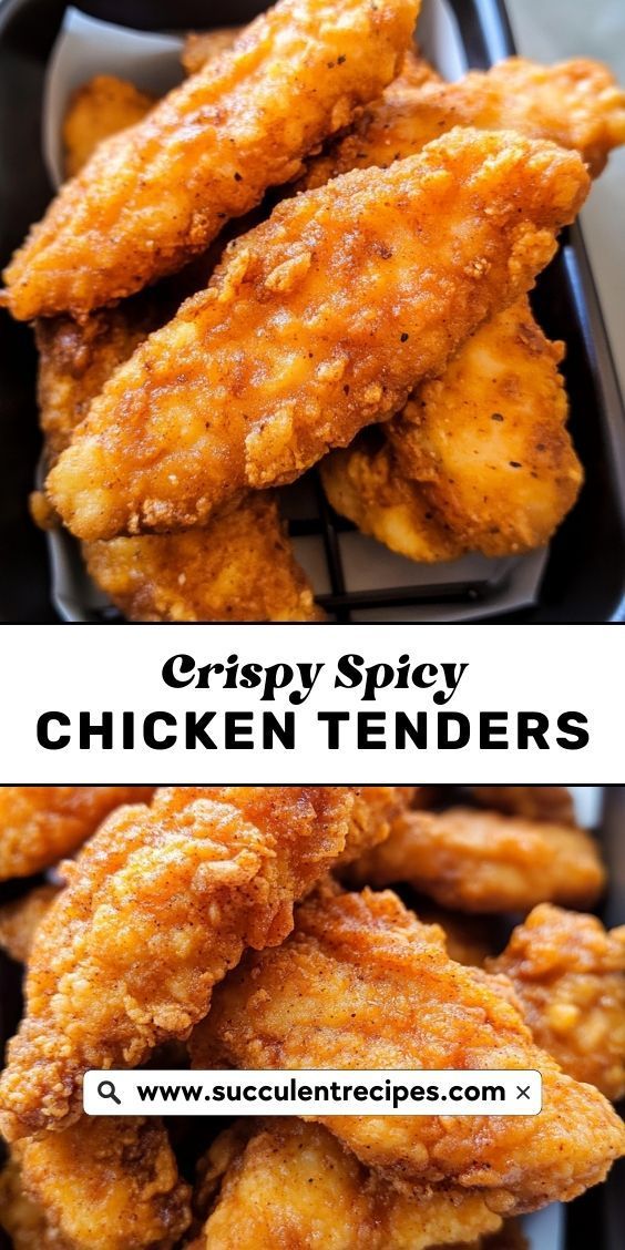 crispy spicy chicken tenders in a plastic container with text overlay that reads crispy spicy chicken tenders