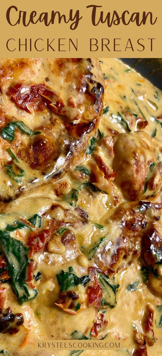 creamy tuscann chicken breast recipe with spinach and cheese in a skillet