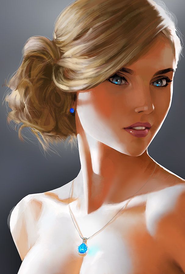 a digital painting of a woman with blue eyes and blonde hair wearing a diamond necklace