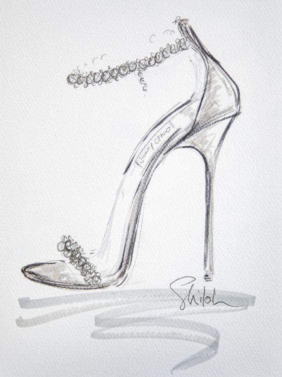 a drawing of a high heeled shoe with a chain on the ankle and an ankle strap