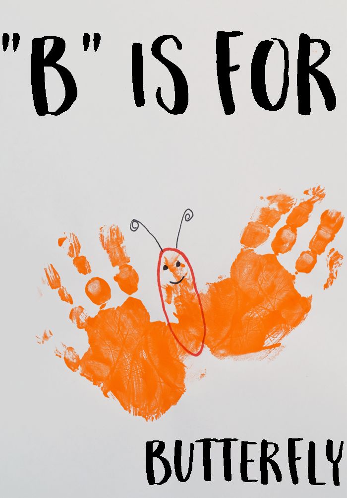 a child's handprint with the words b is for butterfly and an orange bug