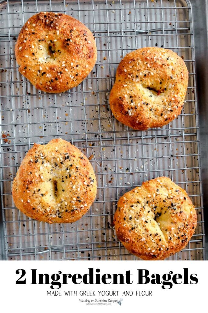 four bagels on a cooling rack with the words, 2 ingredient bagels made with greek yogurt and flour